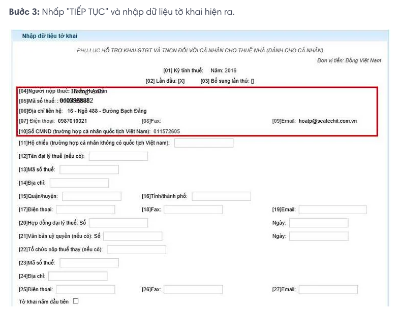 Bước 3: Nhập dữ liệu tờ khai bên dưới