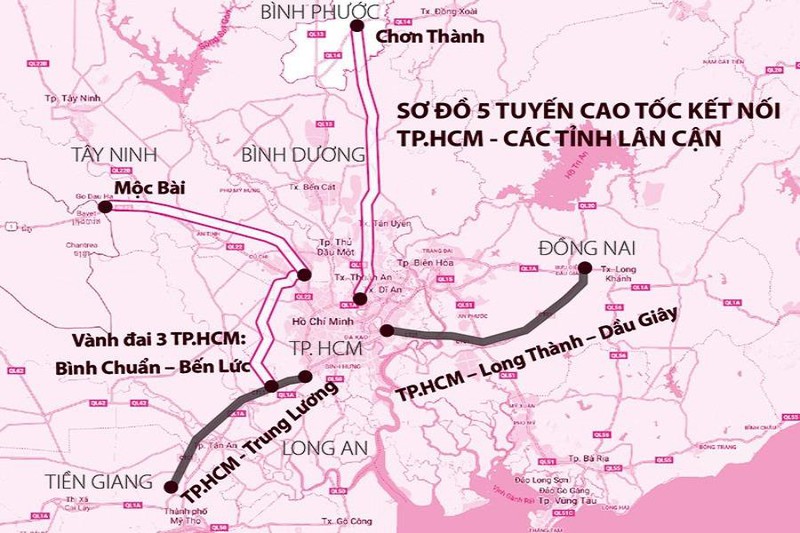 Sơ đồ năm tuyến cao tốc kết nối Thành phố Hồ Chí Minh đi các tỉnh lân cận. Trong đó, có tuyến cao tốc TP.HCM - Thủ Dầu Một - Chơn Thành